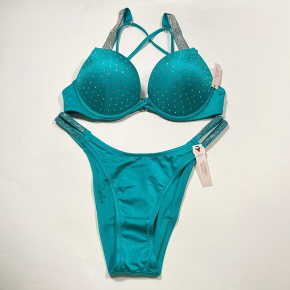 Victoria Secret 34DD M Bombshell Push Up Bikini Set Shine Strap Capri Sea Blue - Picture 2 of 11